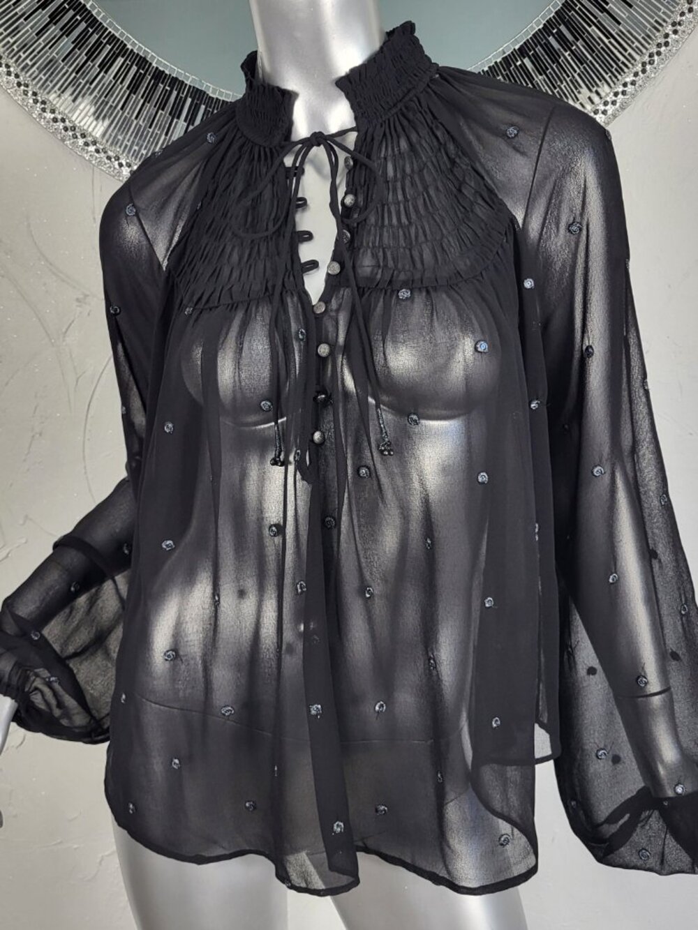 NWOT~FREE PEOPLE~SZ S~BLACK SHEER PEASANT BOHO HIPPIE TUNIC TOP BLOUSE SMOCK